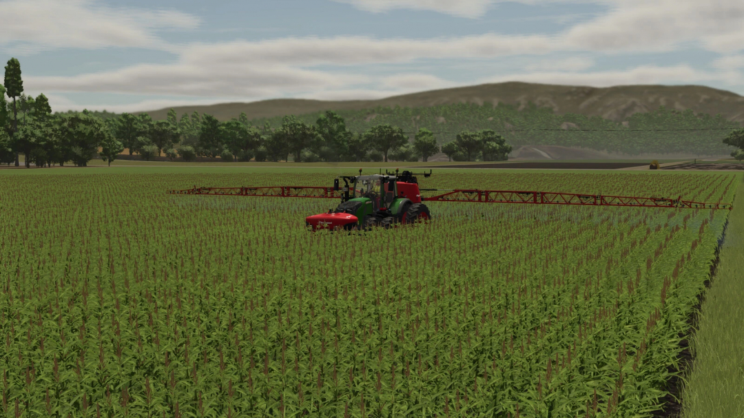 Farming Simulator 25 mod: Kverneland IXter B18 sprayer in a corn field, realistic crop farming with FS25 mods.