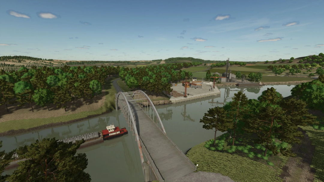 Scenic rural landscape with a bridge over a river, trees, and farmland in the background, from Farming Simulator 25 mods, Les Terres Campagnardes v1.0.0.0.