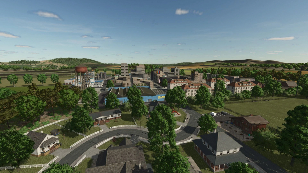 A detailed screenshot from Farming Simulator 25 showing a small town with trees, buildings, and distant hills, highlighting FS25 mods like Les Terres Campagnardes v1.0.0.0.