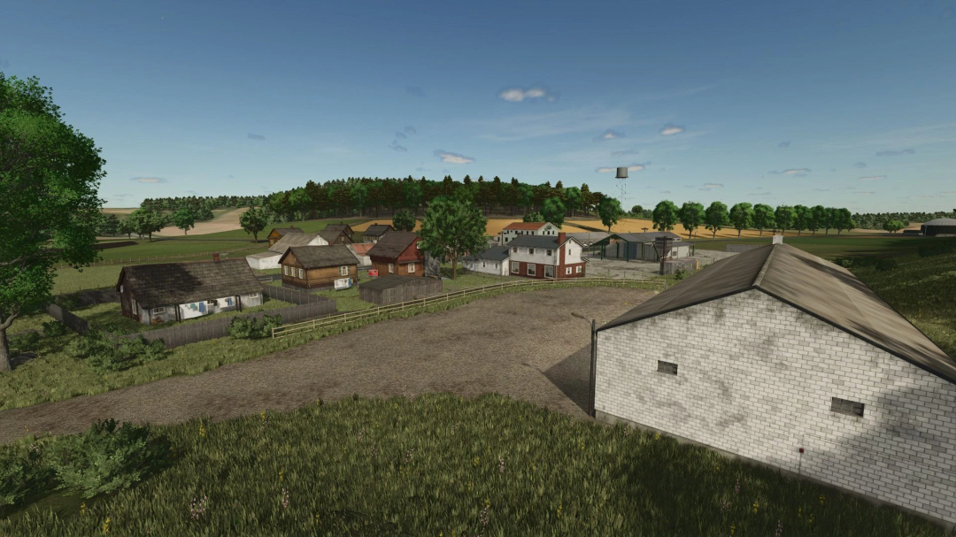 Farmhouse and rural houses in Farming Simulator 25 with Les Terres Campagnardes v1.0.0.0 mod, showcasing countryside scenery.