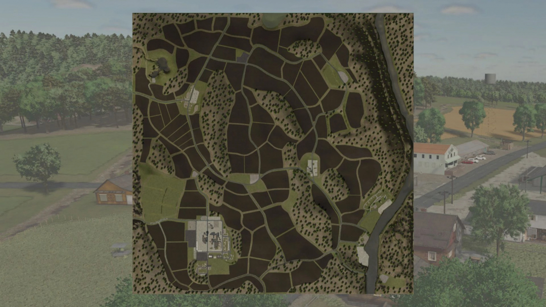 Map of Les Terres Campagnardes in Farming Simulator 25 mods, showing detailed terrain, roads, fields, and farm locations.