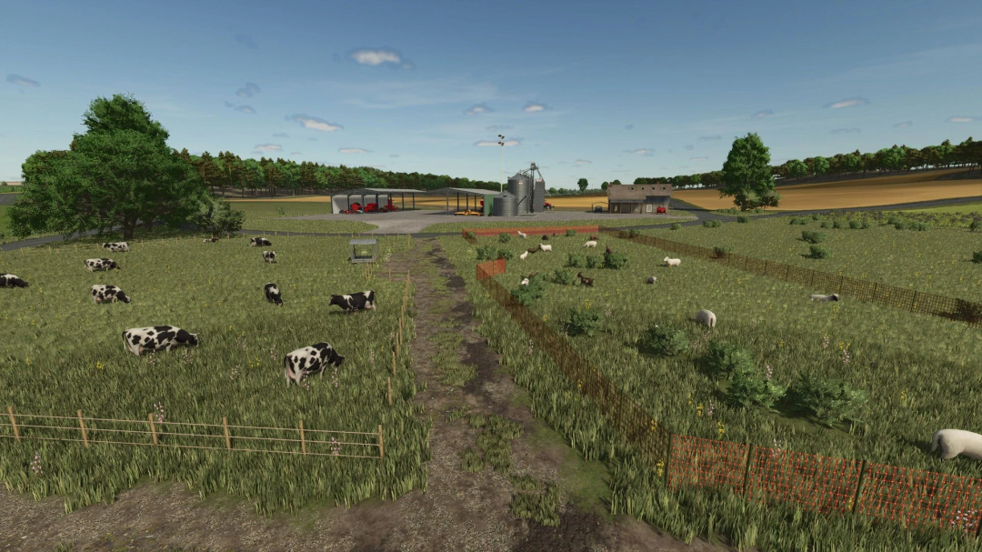 Farming Simulator 25 mod showcasing a rural farm with cows grazing, lush fields, and farm buildings in the background in Les Terres Campagnardes v1.0.0.0.