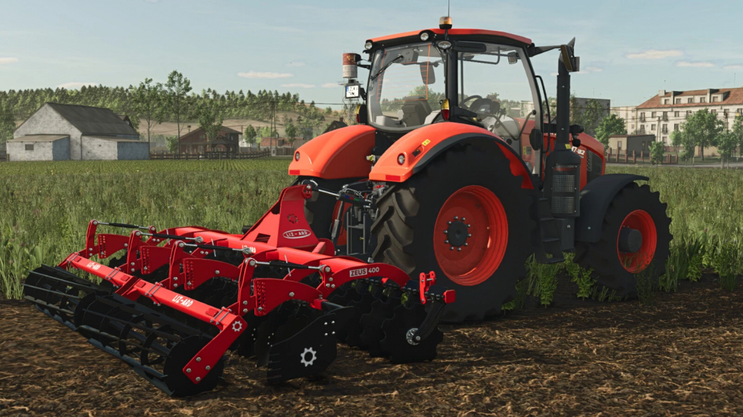 Farming Simulator 25 mod: Red Lizard BTZ Zeus tractor with attached agricultural implement working in a field.