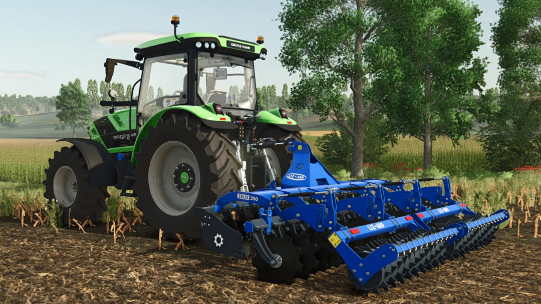 Farming Simulator 25 mod: Green Deutz-Fahr tractor with blue Lizard Zeus v1.0.0.0 tillage equipment in a farm field environment.