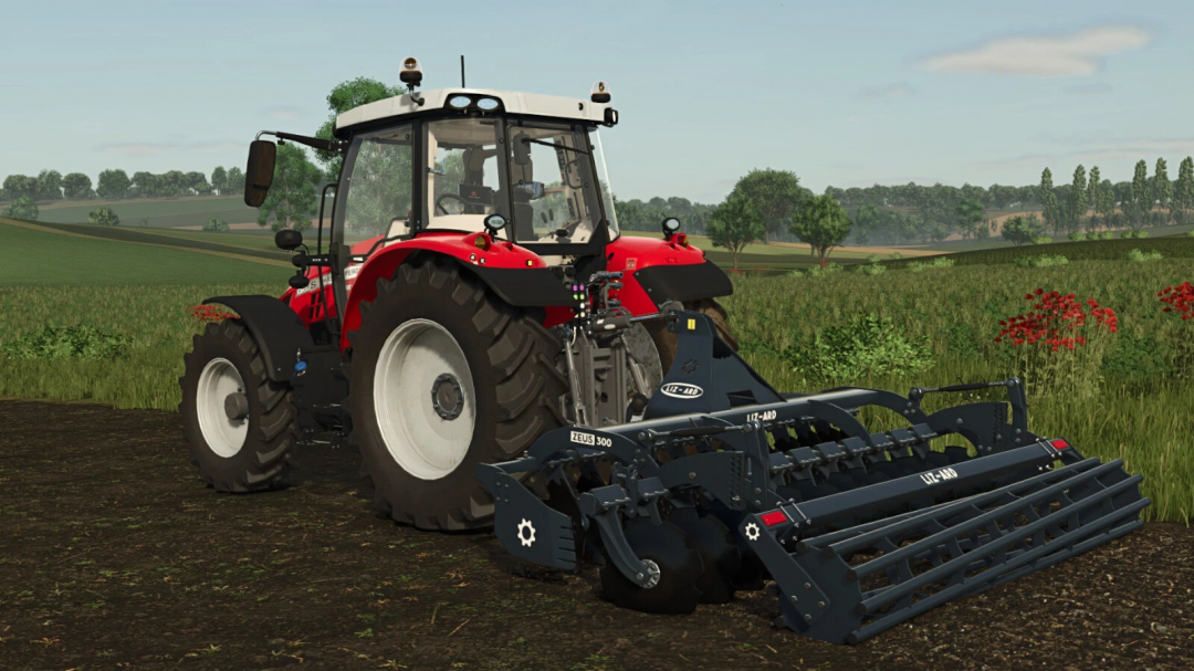 Farming Simulator 25 mod: Lizard BTZ Zeus v1.0.0.0 tractor with attachment used for soil cultivation on fields.