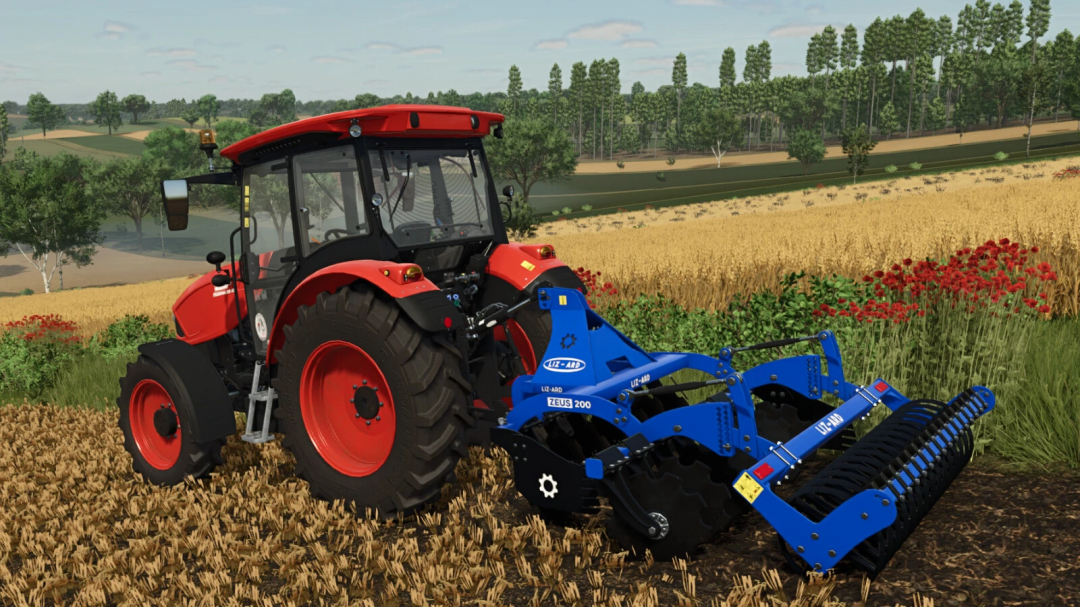 Farming Simulator 25 mod: Lizard BTZ Zeus v1.0.0.0 tractor with blue tillage implement on a farm field.