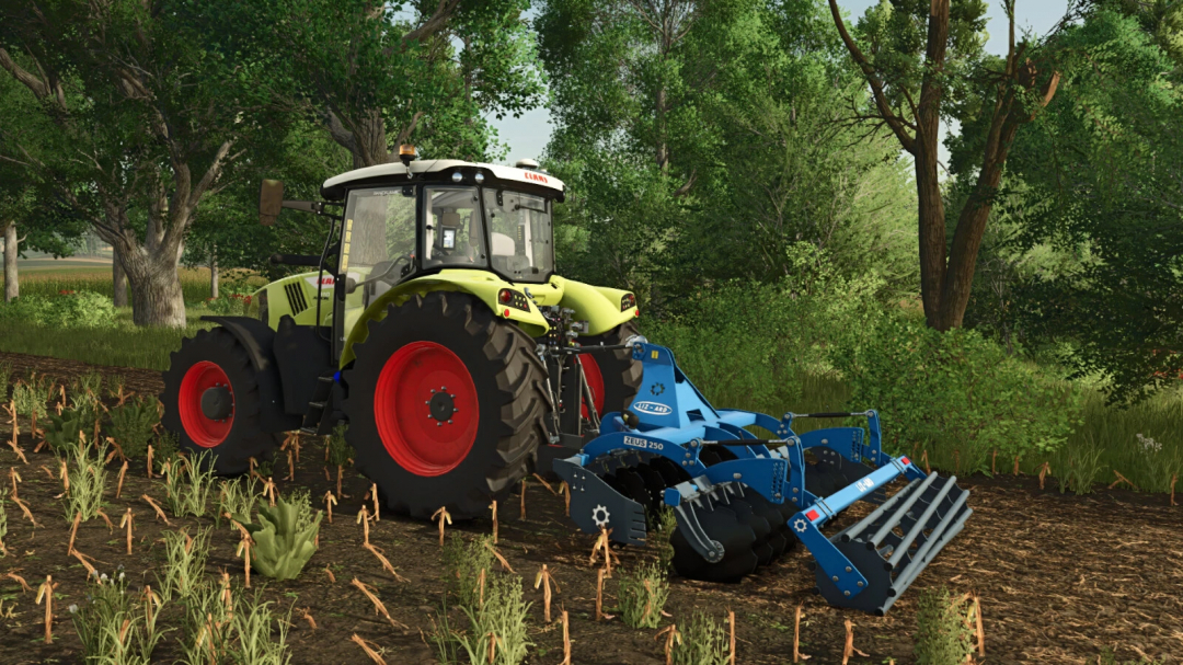 Farming Simulator 25 mod: Lizard BTZ Zeus v1.0.0.0 tractor with blue implement working in a green farm field.