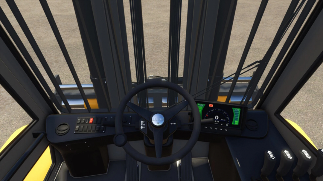 Farming Simulator 25 mod: Interior view of the Lizard CF210 forklift with digital dashboard and control levers.