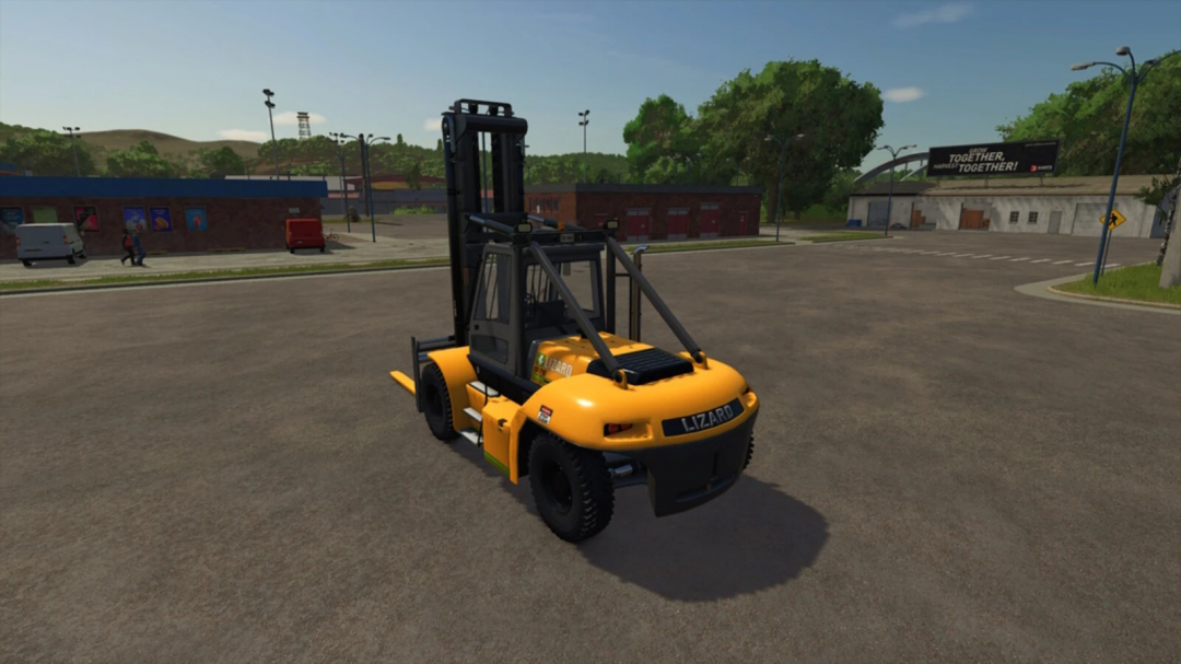 Farming Simulator 25 mod: Lizard CF210 forklift in an outdoor parking lot, featuring yellow design and realistic details.