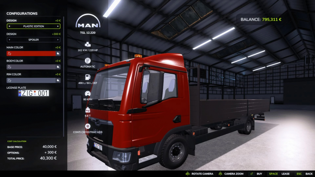 Farming Simulator 25 mod featuring the MAN TGL 12.220 truck with a red body and wooden cargo bed, inside a warehouse environment.