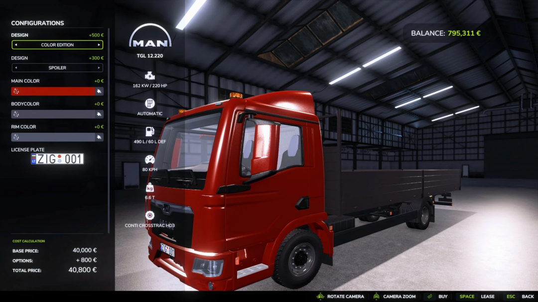 Farming Simulator 25 mod: MAN TGL 12.220 truck with customizable design, color, and license plate inside a warehouse.