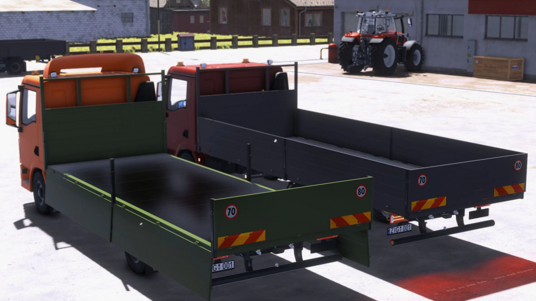 Farming Simulator 25 mods: MAN TGL 12.220 truck with a flatbed trailer, parked in a farmyard.