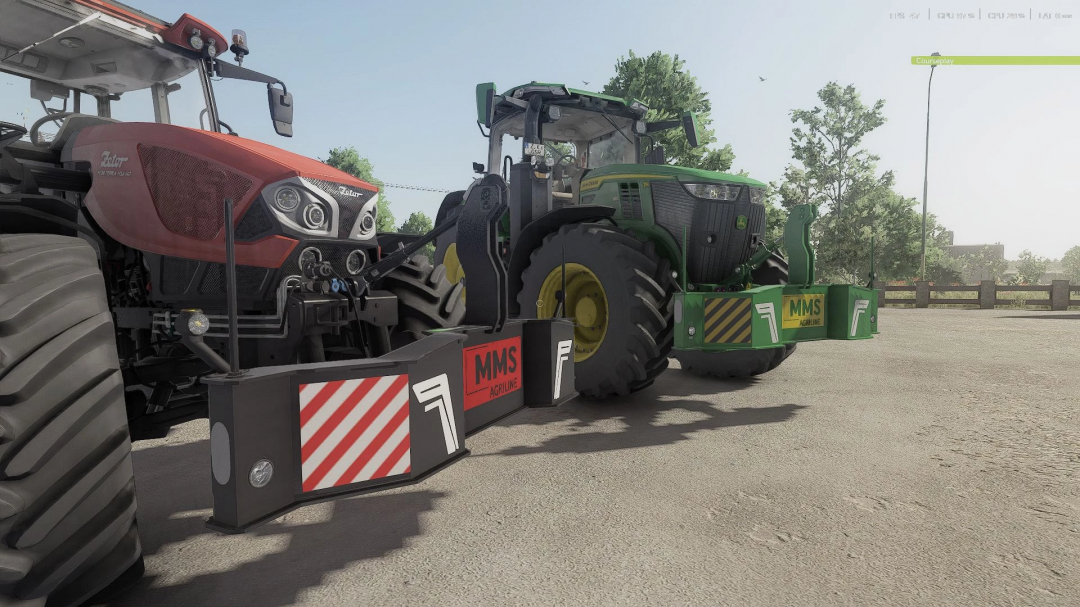Farming Simulator 25 mod showcasing a close-up of a John Deere tractor with MMS Safety Bumper 140 & 110kg v1.0.0.0.