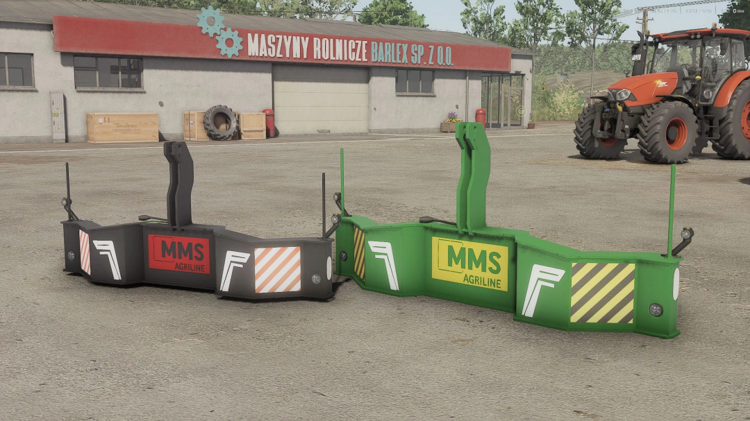 Farming Simulator 25 mods: MMS Safety Bumper 140 & 110kg v1.0.0.0, two colorful safety bumpers for farm equipment, shown in front of a building with a tractor nearby.