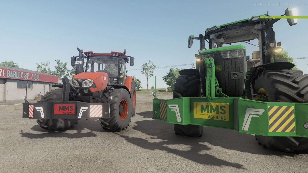 Two tractors with MMS Safety Bumper mod from Farming Simulator 25, parked outdoors in a farm setting.