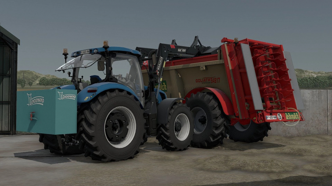 Farming Simulator 25 mod: Blue tractor with red manure spreader and manure storage tank, detailed for farming activities.