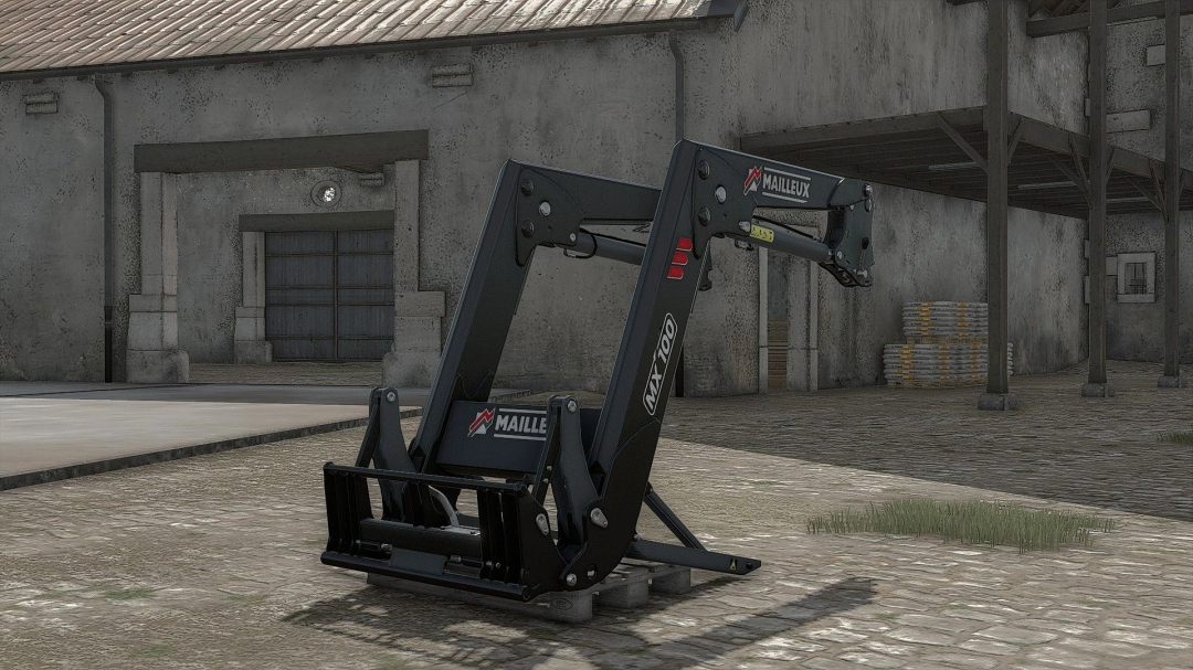 Farming Simulator 25 mod: Mailleux MX100 excavator attachment on a farmyard, used for loading and lifting materials.