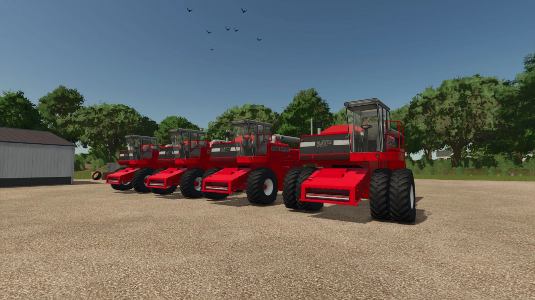 Four Massey Ferguson 8X0 combines overhauled mod in Farming Simulator 25, parked on a farm with trees and a shed in the background.