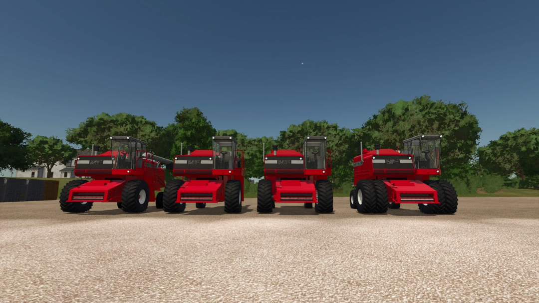 Four red Massey Ferguson 8X0 combines from FS25 mods on a farmyard with trees, under a clear blue sky in Farming Simulator 25.