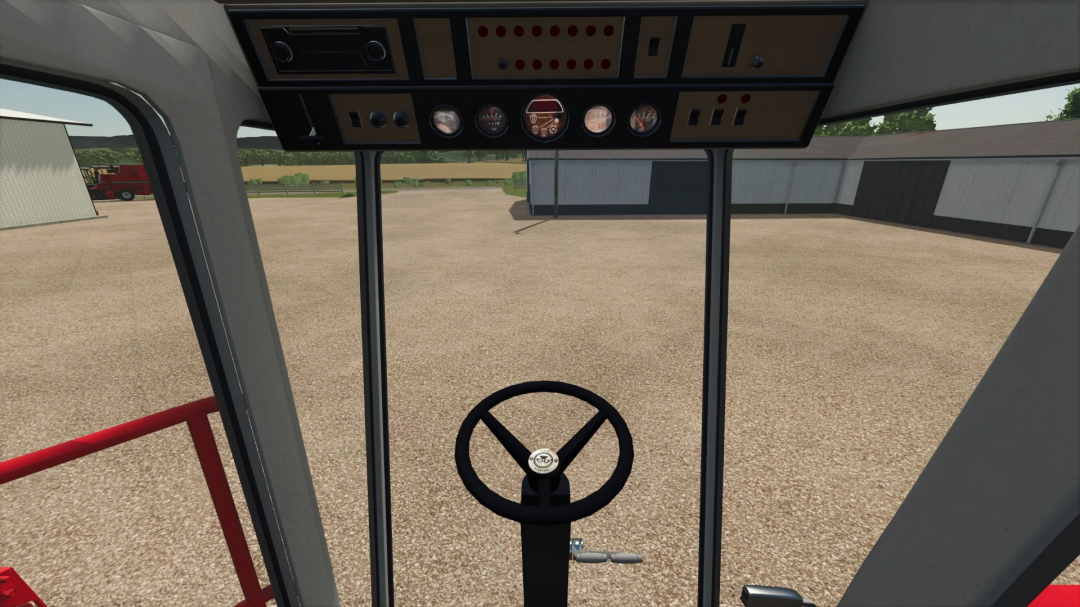 View from inside the Massey Ferguson 8X0 Combines Overhauled mod in Farming Simulator 25, showing the dashboard and steering wheel.