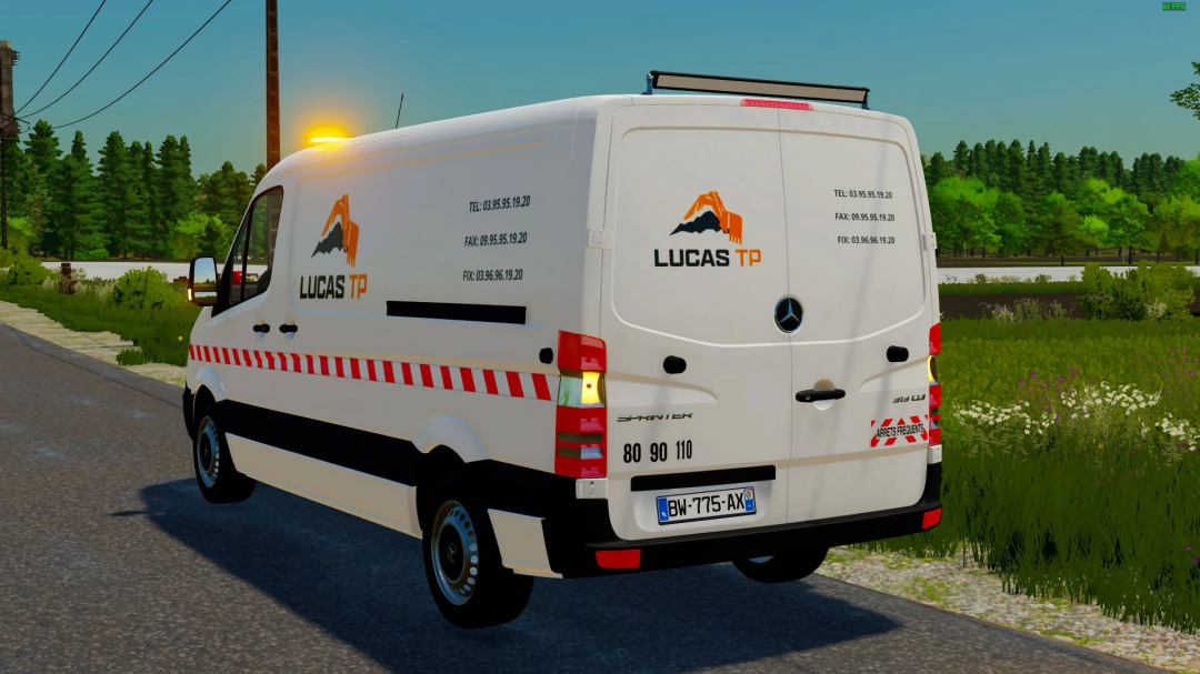 Farming Simulator 22 mod: Mercedes-Benz Sprinter van with Lucas TP branding, used for utility services in the game.