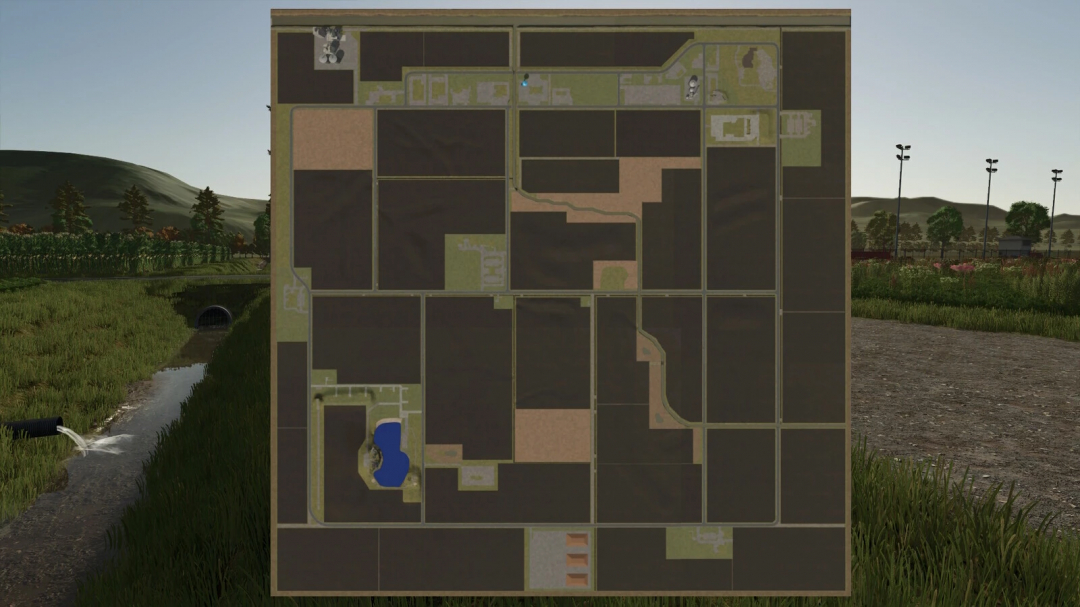 Map of Michigan in Farming Simulator 25 with fields, roads, and a pond, part of the FS25 mods collection for Farming Simulator 25.