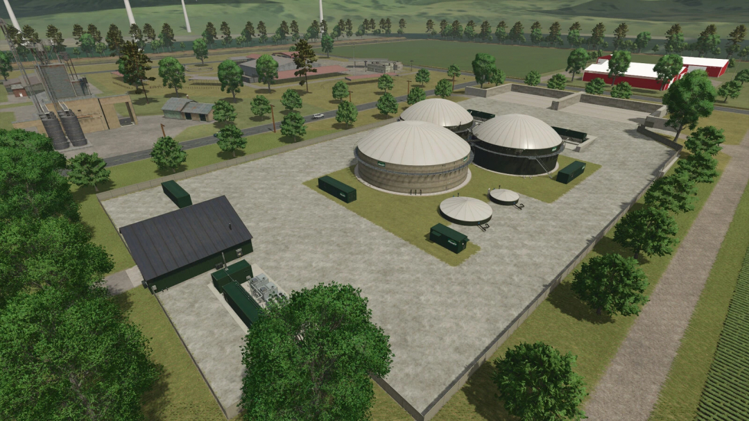 A detailed view of the Michigan Map v1.1.0.0 from Farming Simulator 25, featuring large farming silos, storage tanks, and green container structures.