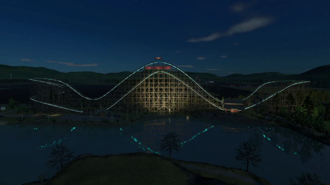 Night view of a roller coaster at an amusement park, with reflections in the water, part of the Michigan Map v1.1.0.0 for Farming Simulator 25 mods.