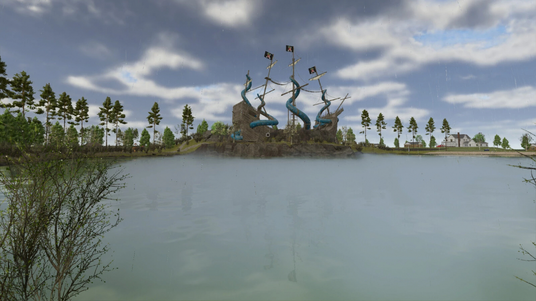 Michigan Map v1.1.0.0 from FS25 mods, featuring a pirate ship themed water slide on a small island, with trees and houses in the background.