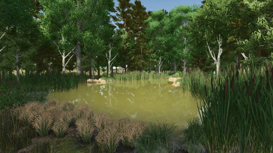 Farming Simulator 25 mod showcasing a tranquil pond surrounded by trees and tall grasses in the Michigan Map v1.1.0.0.