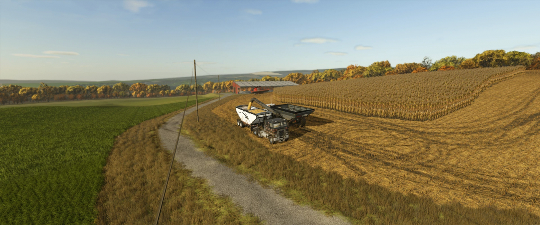 Farming Simulator 25 mod: Monteith RCR v1.0.0.0 displayed in a rural field scene with harvesting equipment.