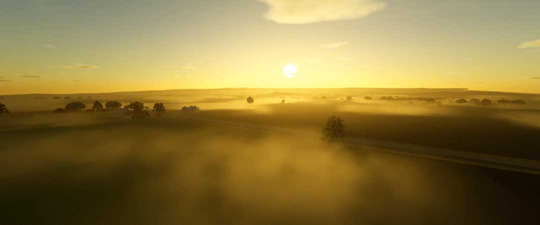 Scenic countryside landscape at sunrise with rolling fields, scattered trees, and mist, from Farming Simulator 25 mod Monteith RCR v1.0.0.0.