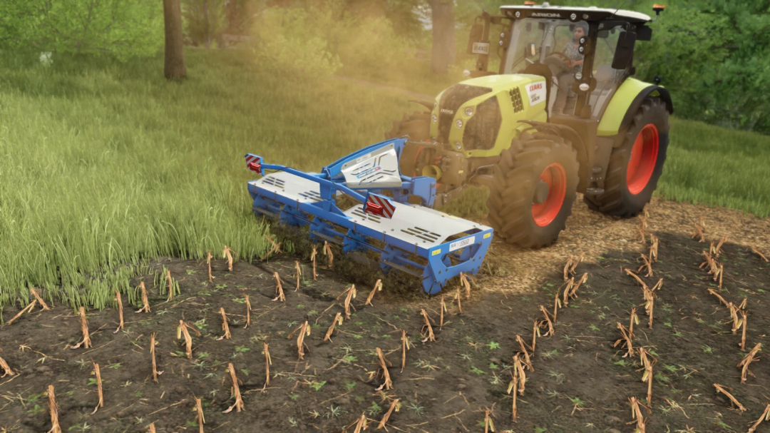 Farming Simulator 25 mod showing a tractor with Namyslo Front Cutter v1.0.0.0 working on a field with green grass and crops.