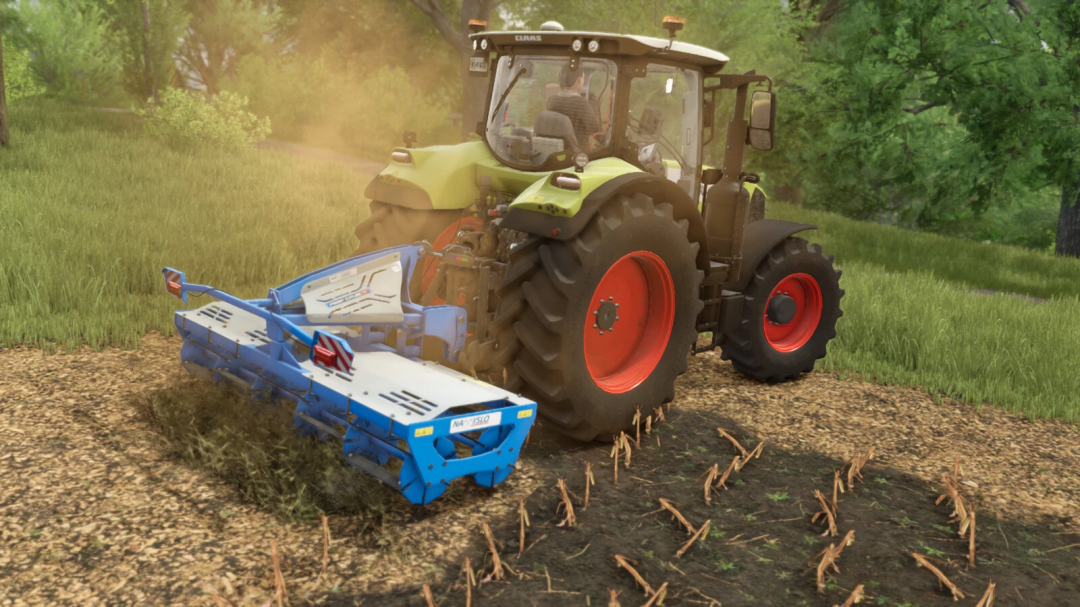 Farming Simulator 25 mod: tractor with Namyslo Front Cutter v1.0.0.0 working on farm field.