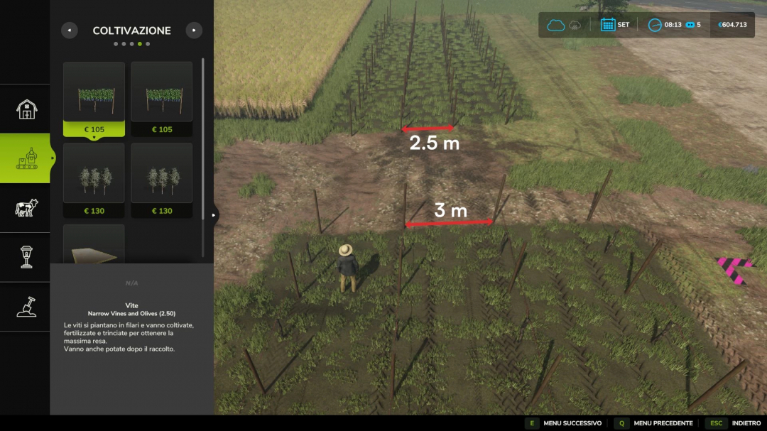 Farming Simulator 25 mod, narrow vines and olives with 2.5m spacing, used for grapevine training and crop rotation.