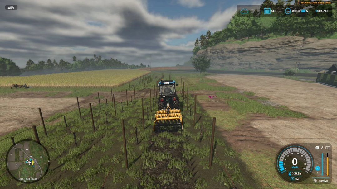 Farming Simulator 25 mod scene featuring a tractor cultivating vines with the Narrow Vines and Olives v2.0.0.0 mod installed.