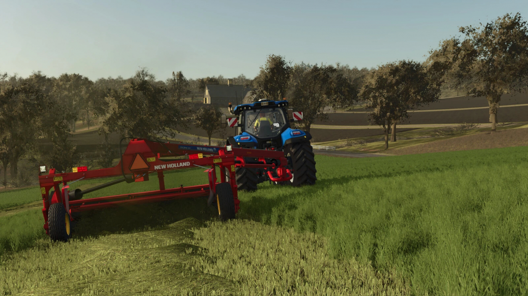 Farming Simulator 25 mod showcasing the New Holland Discbine 313 attached to a tractor in a rural field.