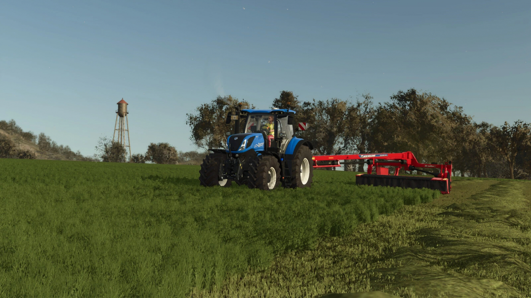 Farming Simulator 25 mod featuring a blue New Holland tractor with a red Discbine 313 mower attachment in a rural field.
