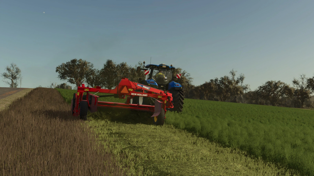 Farming Simulator 25 mod: New Holland Discbine 313 attached to a tractor, working on a farm field in FS25.