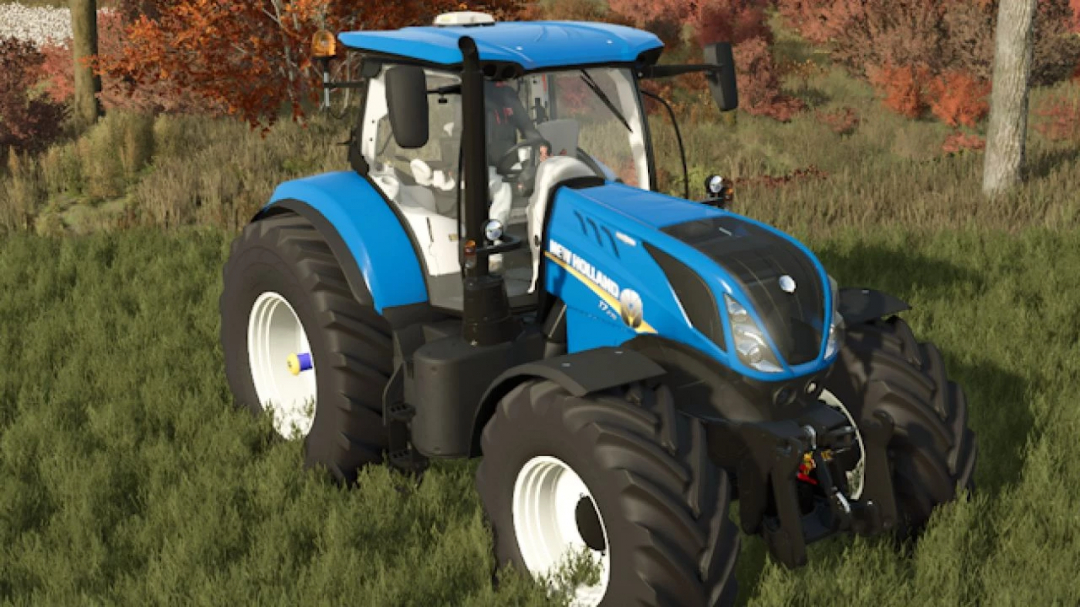 Farming Simulator 25 mod: New Holland T7 Series v1.0.0.0 blue tractor in a field, realistic graphics.