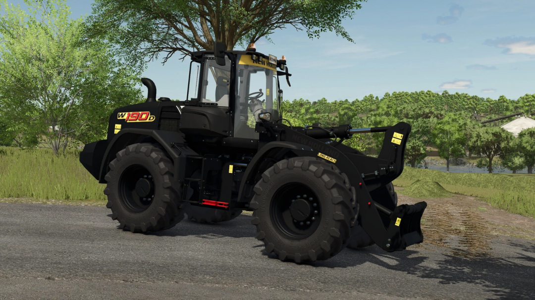 Farming Simulator 25 mod: New Holland W190D wheel loader with detailed design on a rural dirt road, perfect for farming tasks.