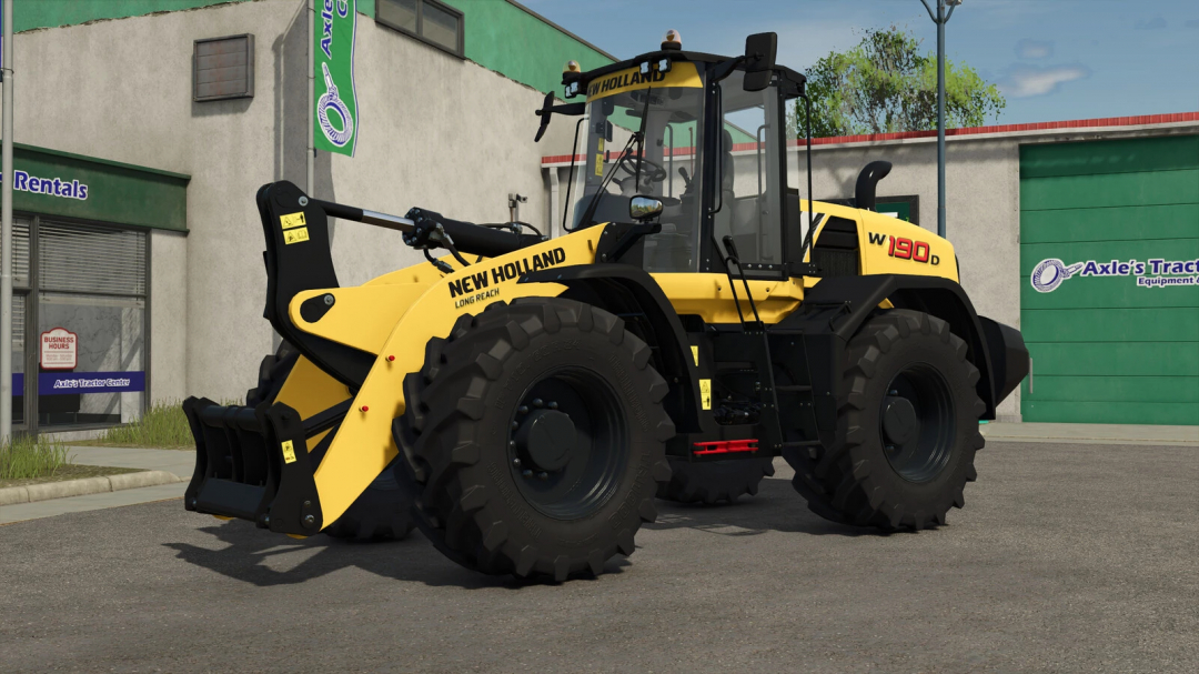 Farming Simulator 25 mods: New Holland W190D wheel loader parked outside an equipment store.