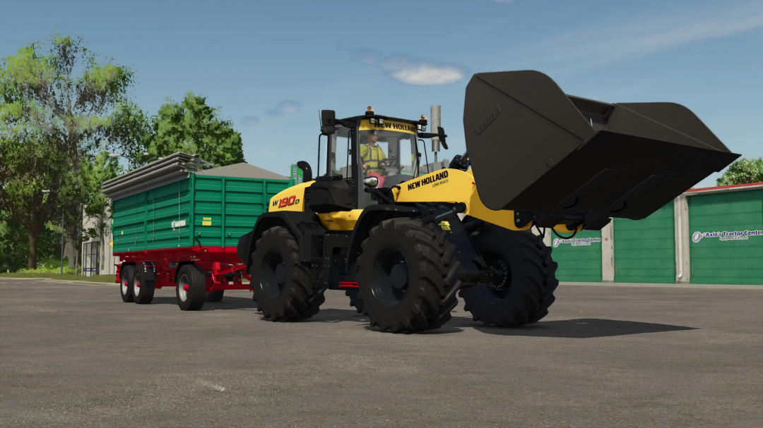 Farming Simulator 25 mod: New Holland W190D wheel loader with green trailer, detailed in-game scene, realistic graphics.