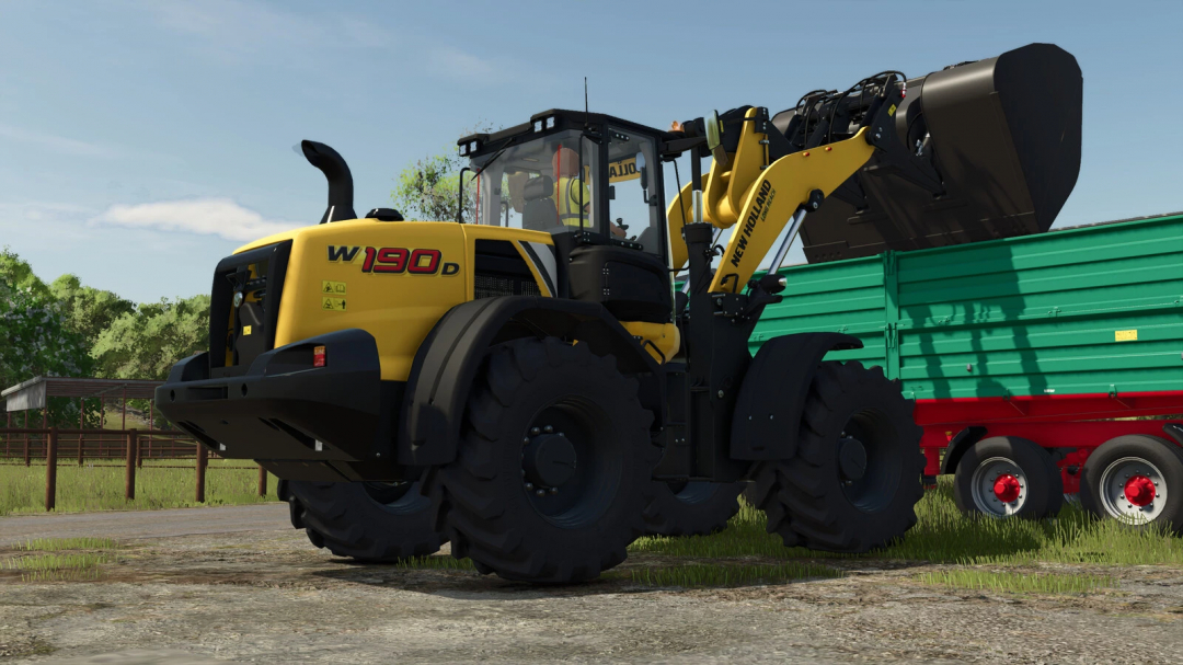 Farming Simulator 25 mod featuring a New Holland W190D wheel loader with attached bucket, ideal for use in Farming Simulator 25.