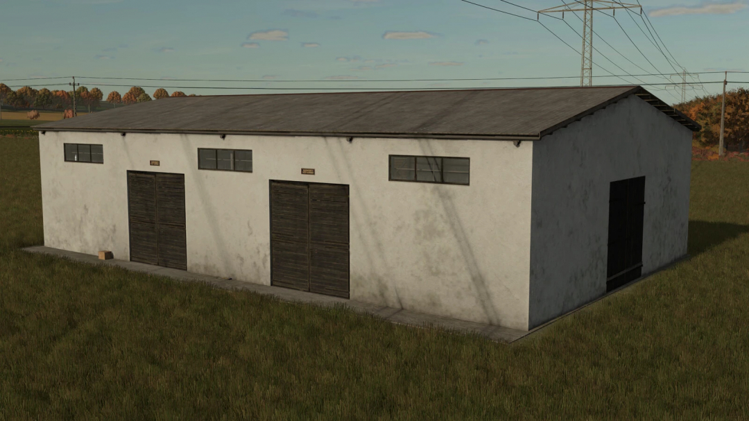 FS25 mod image of PGR Buildings v1.0.0.0, a simple white farm building with large wooden doors and small windows, used for storage or farming needs in Farming Simulator 25.