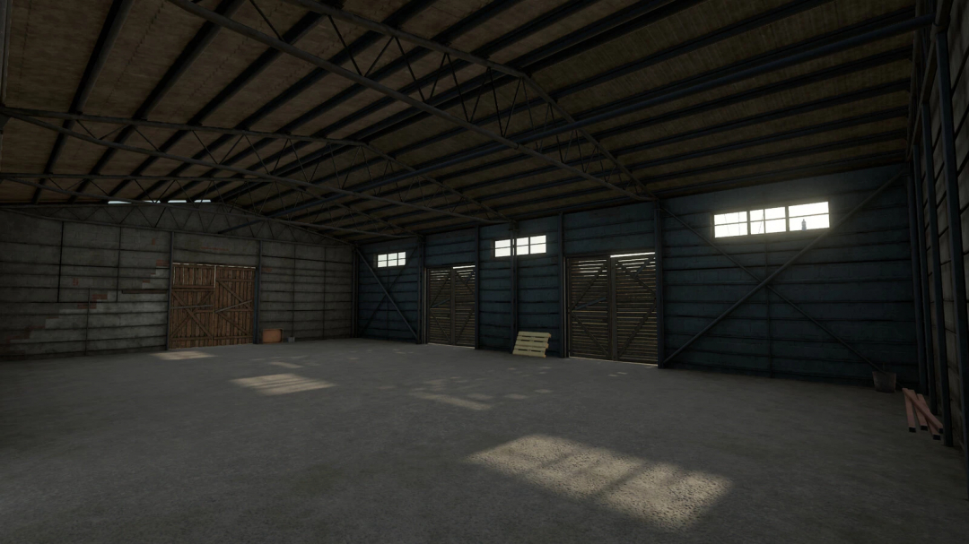 Interior of a barn in Farming Simulator 25 with PGR Buildings mod for realistic farm storage.