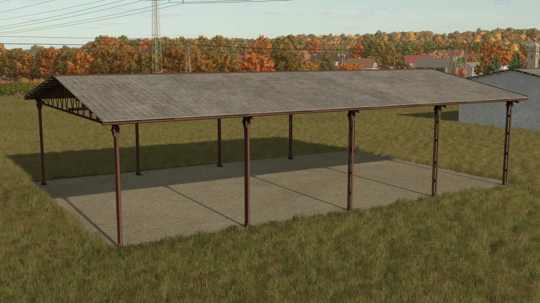 Farming Simulator 25 mod: PGR Buildings v1.0.0.0, a simple outdoor structure with metal supports and a sloped roof, suitable for farm use.