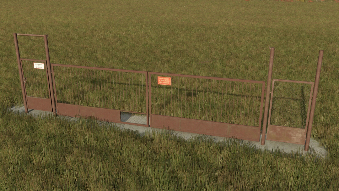 Rusty farm fence with dangerous warning signs, part of PGR Buildings mod for Farming Simulator 25