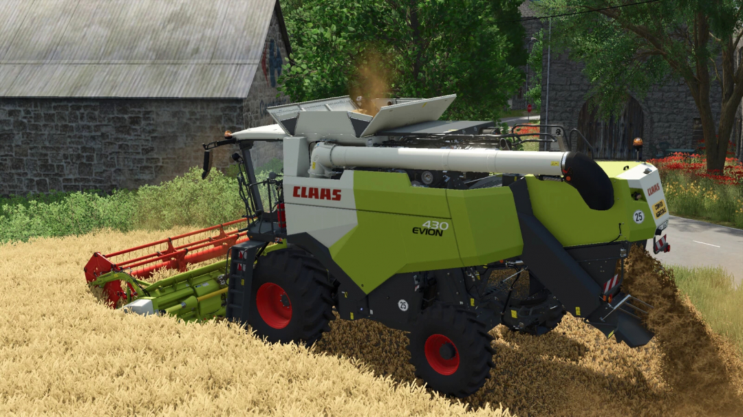 Farming Simulator 25 mod: CLAAS Evion 430 combine harvester working in a wheat field.