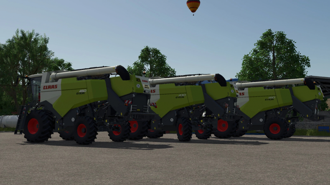 Farming Simulator 25 mods: Pack Claas Evion 410-450 Series v1.1.0.0 featuring three models of Claas self-propelled harvesters with green and black exteriors.